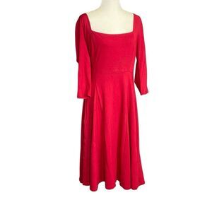 Maeve Anthropologie Large Red Fit Flare Square Neck 3/4 Sleeve Midi Dress